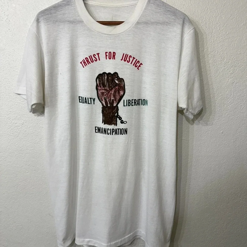 Thrust for justice 1980s white single stitch cotton t-shirt - Picture 1 of 5